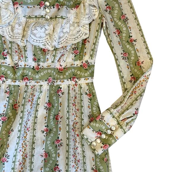 Vintage 1970s Vicki Vaughn Promenade XS Green Floral Prairie Ruffle Maxi Dress - Picture 4 of 16